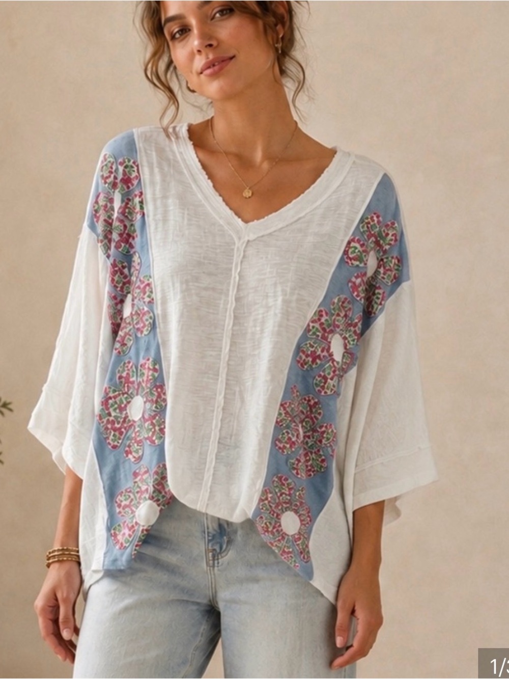 Boho White V-Neck Embroidered Short Sleeve Top with Blue Panels